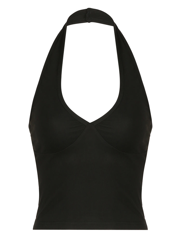 Aiertu - summer inspo Hot Backless Sexy Halter Tops Women Black Solid Basic V Neck Slim Tank Vest Elegant Crop Top Rave Summer Streetwear Shirts Aiertu