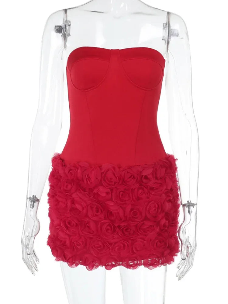 Aiertu  -  Red 3D Flower Evening Tube Top Dress For Women 2025 Spring New Tight Waist Mini Dress Lady Fishbone Splice Elegant Dress Aiertu