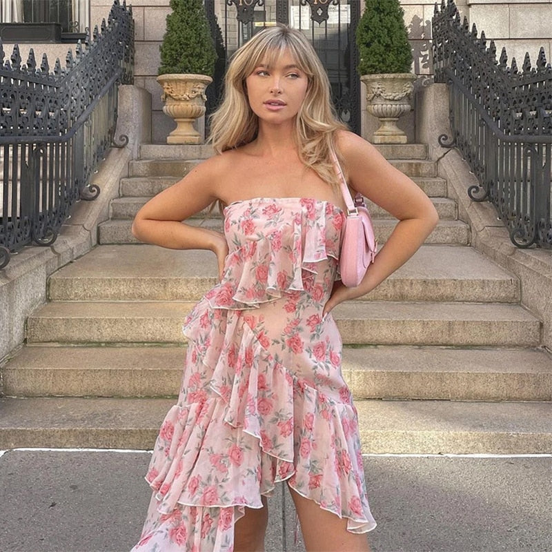 Aiertu  Floral Print Spaghetti Strap Dresses Mini Women Sexy Backless Halter Neck Spring Summer Ruffle Casual Beach Dress Aiertu