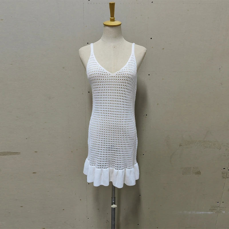 Aiertu  -  Casual Knit Hollow Out Dress Women V-neck Sling Sleeveless Backless Ruffle Hem Mini Dresses Female 2025 Spring Summer Lady Gown Aiertu
