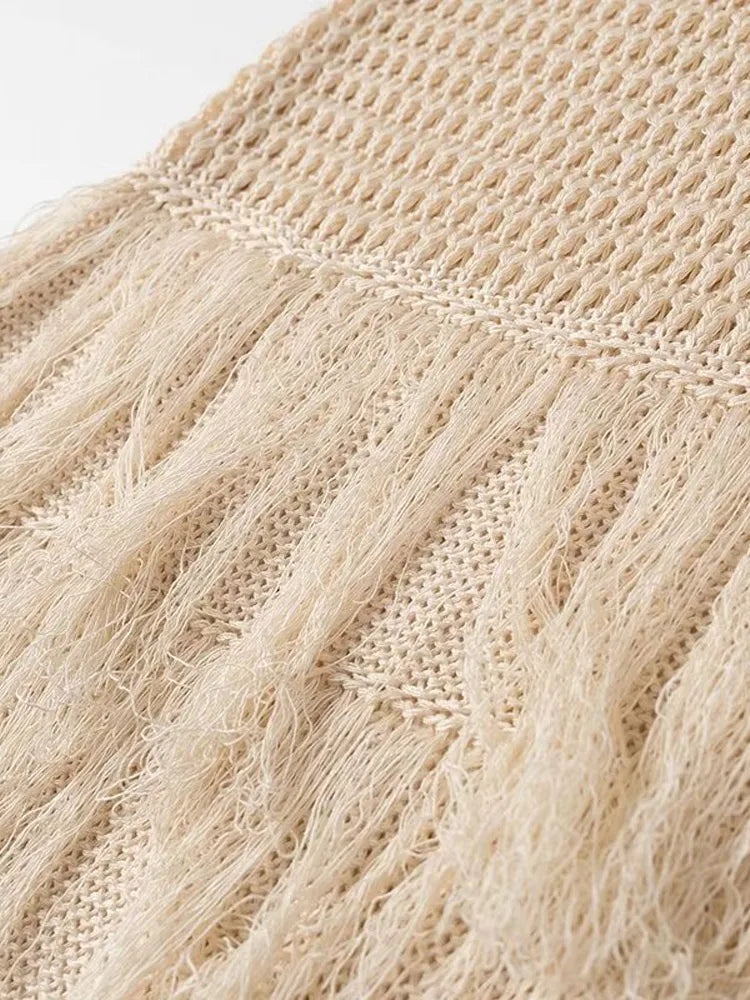 Aiertu  -  Apricot Hollow Out Knitted Tassel Mini Dress Women Sexy O Neck Sleeveless Slim Short Robe Female Fashion Causal Vacation Vestido Aiertu