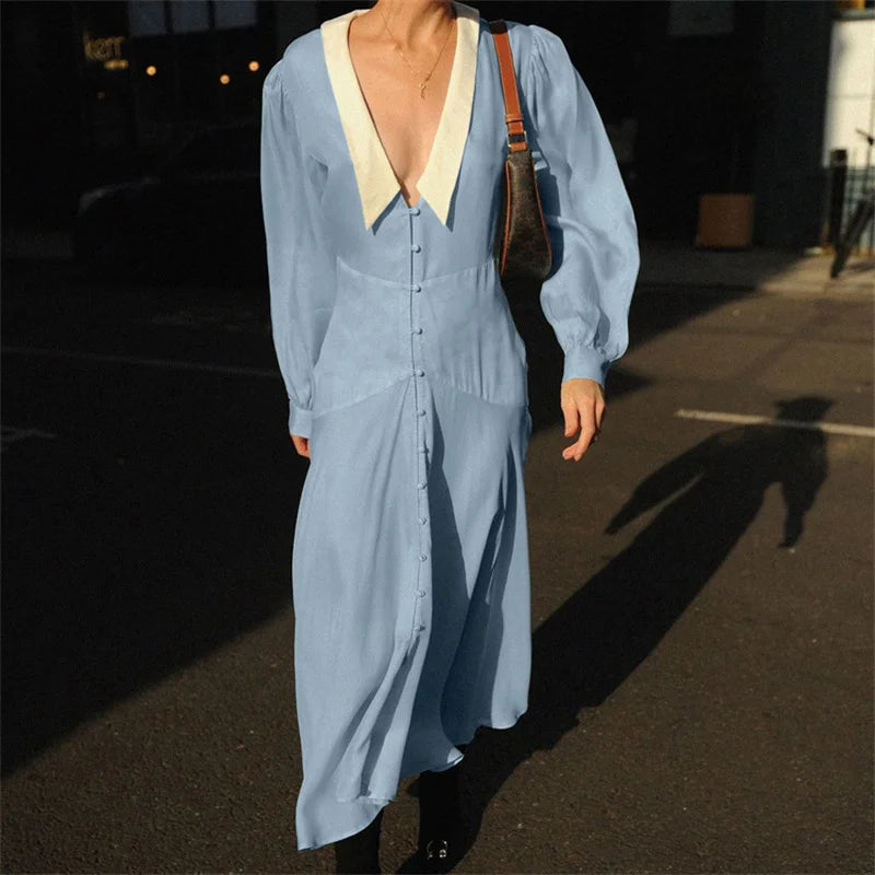 Aiertu    -  Long Sleeve Cardigan Maxi Dress For Women Slim Fit Elegant High Waist Patchwork Single Breasted Fashion Holiday Dress Aiertu