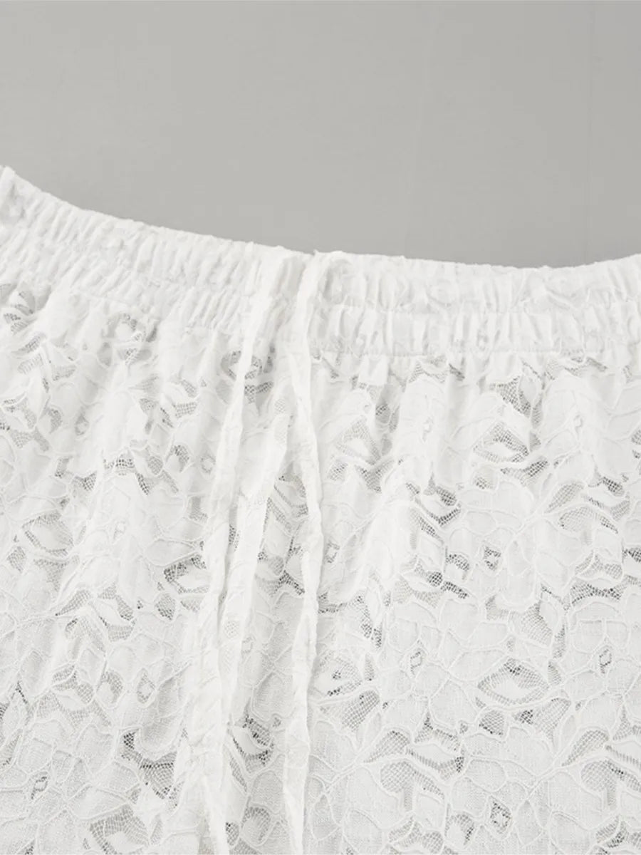 Aiertu  -  White Lace Jacquard Sheer Wide Leg Pant Women Drawstring High Waist Transparent Trouser Summer Sexy Casual Chic Bohemian Trouser Aiertu