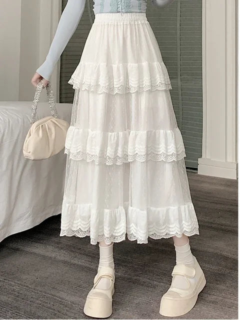Aiertu  -   party look snspos White Black Mid Long Skirt Women Crochet Lace Skirt Goth Lolita Summer High Waist High Low Ruched Ruffle Pleated Skirts rok Aiertu