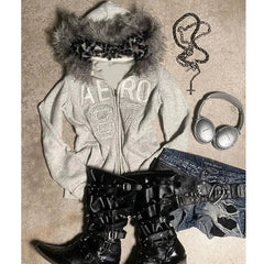 Aiertu  -  Fresh Style Gray Fur Collar Design Slim Warm Cardigan Harajuku Winter New Thickening Women's Sweatshirts Y2k Casual Hoodies Aiertu