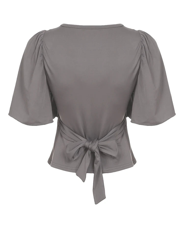 Aiertu  -  Elegant Solid Crop Top Sexy Cross Deep V-neck Half-sleeve T-shirt Slim-fitting Bandage Bow T-shirt Women Vintage y2k Tee Aiertu
