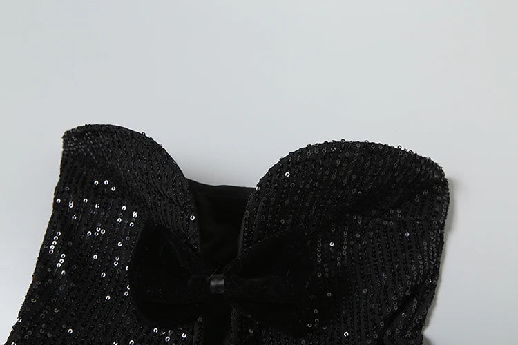 Aiertu  -  Sexy Sequins Patchwork Dress Women Hollow Puffy Contrast Backless Sleeveless Bow Midnight Clubwear Party Mini Bodycon Aiertu