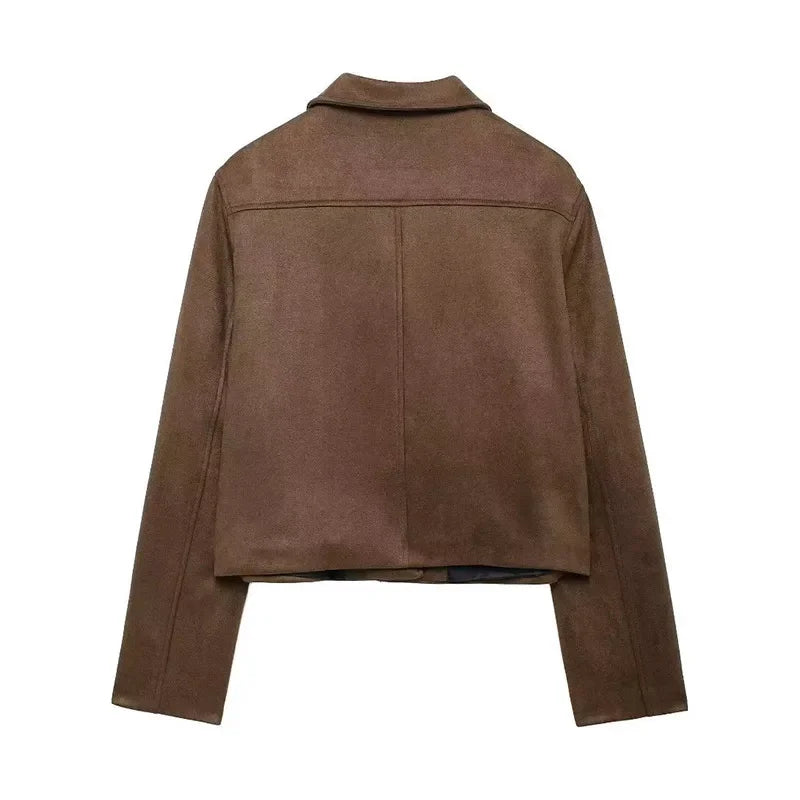 Aiertu  -  Vintage Suede Short Jackets Women Casual Lapel Single-breasted Long Sleeve Coat 2026 Autumn New Female Chic Brown Tops Outwear Aiertu