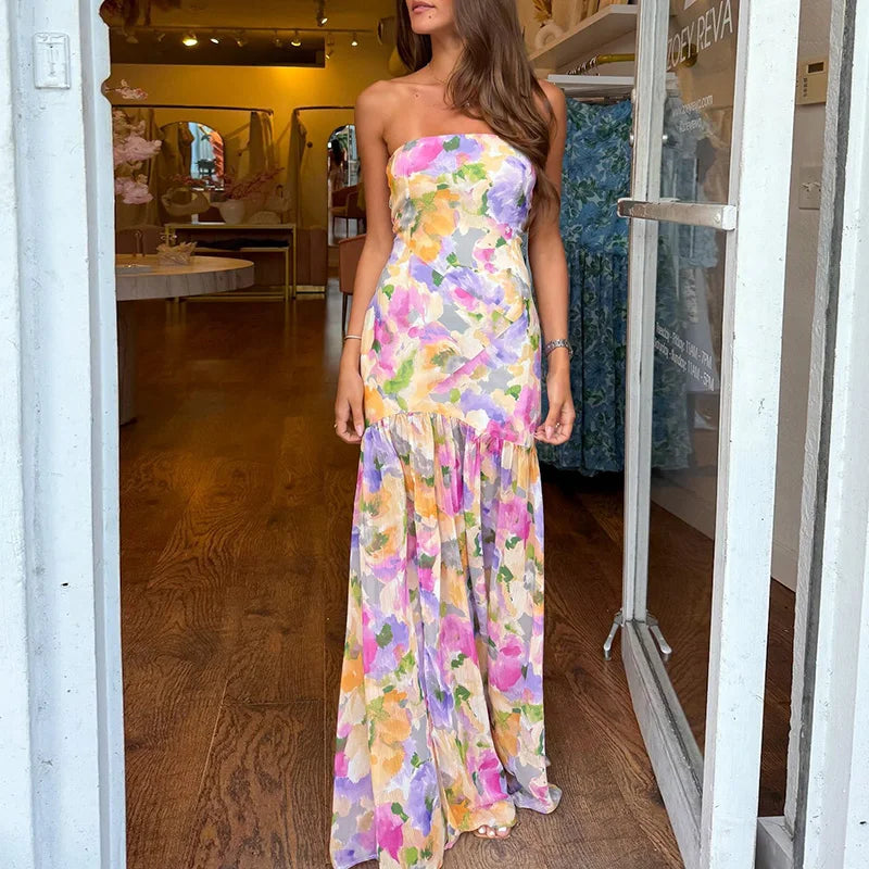 Aiertu  -  Spring Slim Fit Hem Long Dress Sexy Strapless Floral Print Boho Maxi Dress Womens Summer Fashion Off Shoulder Pleated Dress Aiertu