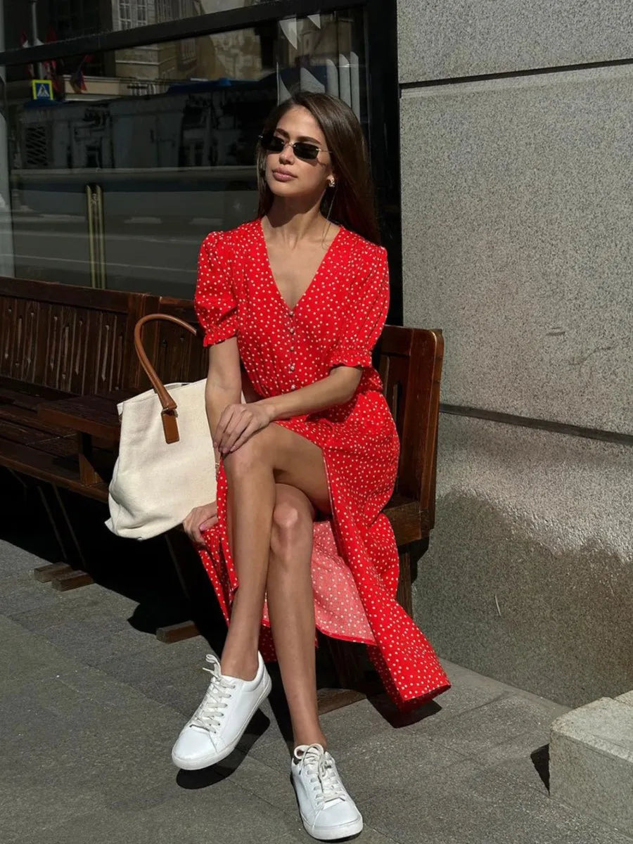 Aiertu      -  Polk Dot Red Midi Dress Women Summer New V Neck Short Sleeve Waist Cinched Split Dresses 2024 Elegant Casual Button Long Vestido Aiertu