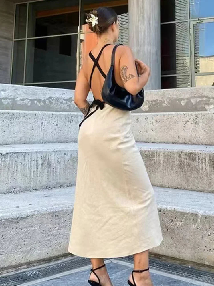 Aiertu  -  2025 Women's Dress Midi Halter Dresses Linen Bow Backless Dress Sleeveless Slip Long Vestidos Chic Elegant Vacation Dresses Aiertu