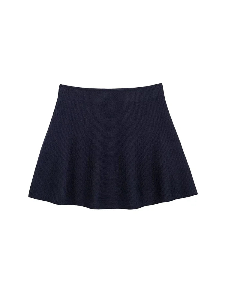 Aiertu  Women Fashion Navy Blue A-Line Knitted Mini Skirt Vintage High Elastic Waist Female Chic Lady Skirts Aiertu