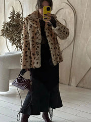 Aiertu  -  Women Fashion Leopard Print Faux Fur Warm Coat Chic Lapel Long Sleeves Single Breasted Casual Jacket Autumn Winter Lady Outwear Aiertu