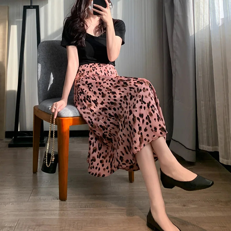 Aiertu  -  Pink Leopard Print Skirt Sweet Cool Cute Thin Mid-length A-line Skirt Spring/Summer Women Vintage Outerwear Clothing Aiertu