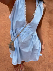 Aiertu  -  Women s Sleeveless Floral Print Mini Dress with Deep V Neckline and Eyelet Detailing - Perfect for Summer Beach Days Aiertu