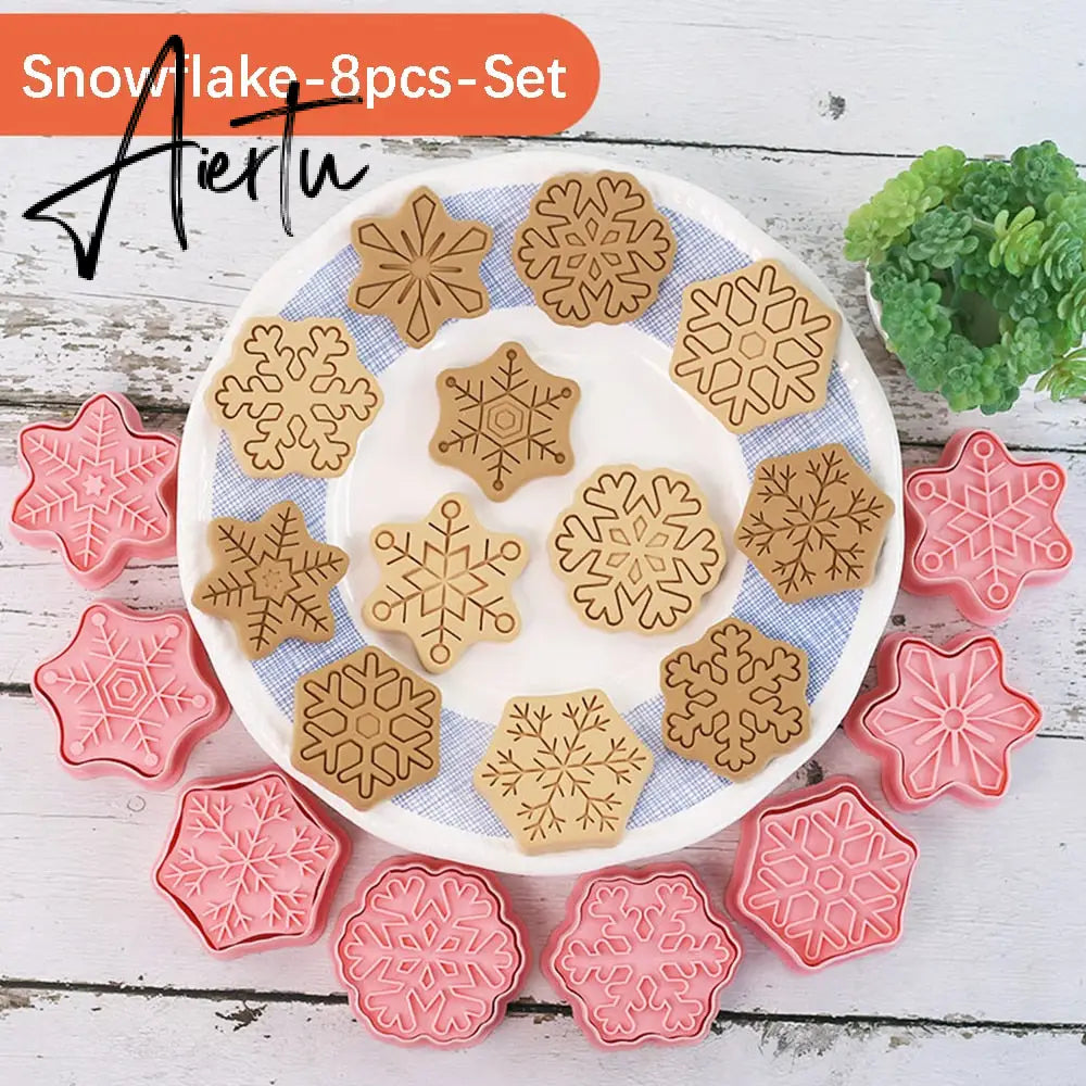 8Pcs/set Christmas Cookie Molds 3D Cartoon Pressable Christmas Biscuit Resin Mould Cookie Kitchen Baking Pastry Bakeware Tool Aiertu