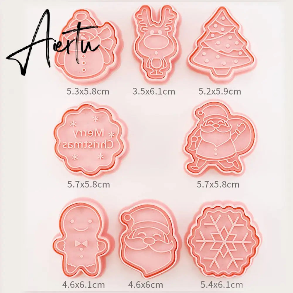 8Pcs/set Christmas Cookie Molds 3D Cartoon Pressable Christmas Biscuit Resin Mould Cookie Kitchen Baking Pastry Bakeware Tool Aiertu