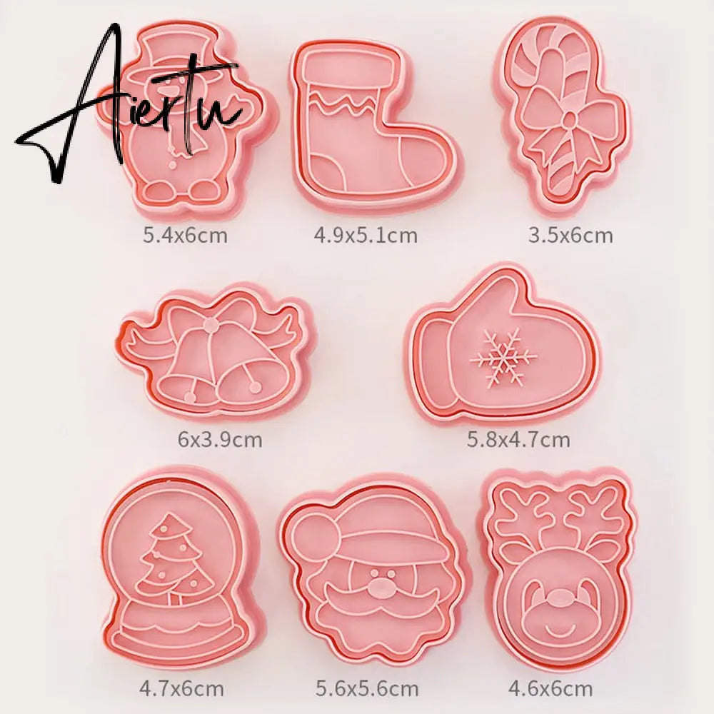 8Pcs/set Christmas Cookie Molds 3D Cartoon Pressable Christmas Biscuit Resin Mould Cookie Kitchen Baking Pastry Bakeware Tool Aiertu