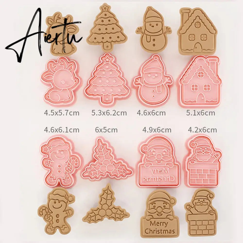 8Pcs/set Christmas Cookie Molds 3D Cartoon Pressable Christmas Biscuit Resin Mould Cookie Kitchen Baking Pastry Bakeware Tool Aiertu
