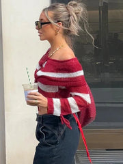 Aiertu  -  Knitted Sexy Off Shoulder Striped Women Sweater Red Long Sleeve Lace Up Sweater Female Autumn New Casual Streetwear Aiertu