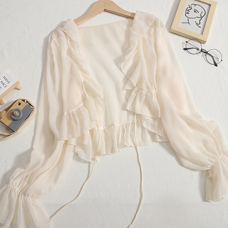 Aiertu Ruffles Chiffon Sun Protection Shirt Women Solid Lace Up Flare Sleeve Sunscreen Blouses Cardigan Loose Casual Thin Tops Aiertu