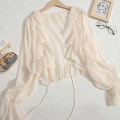 Aiertu Ruffles Chiffon Sun Protection Shirt Women Solid Lace Up Flare Sleeve Sunscreen Blouses Cardigan Loose Casual Thin Tops Aiertu