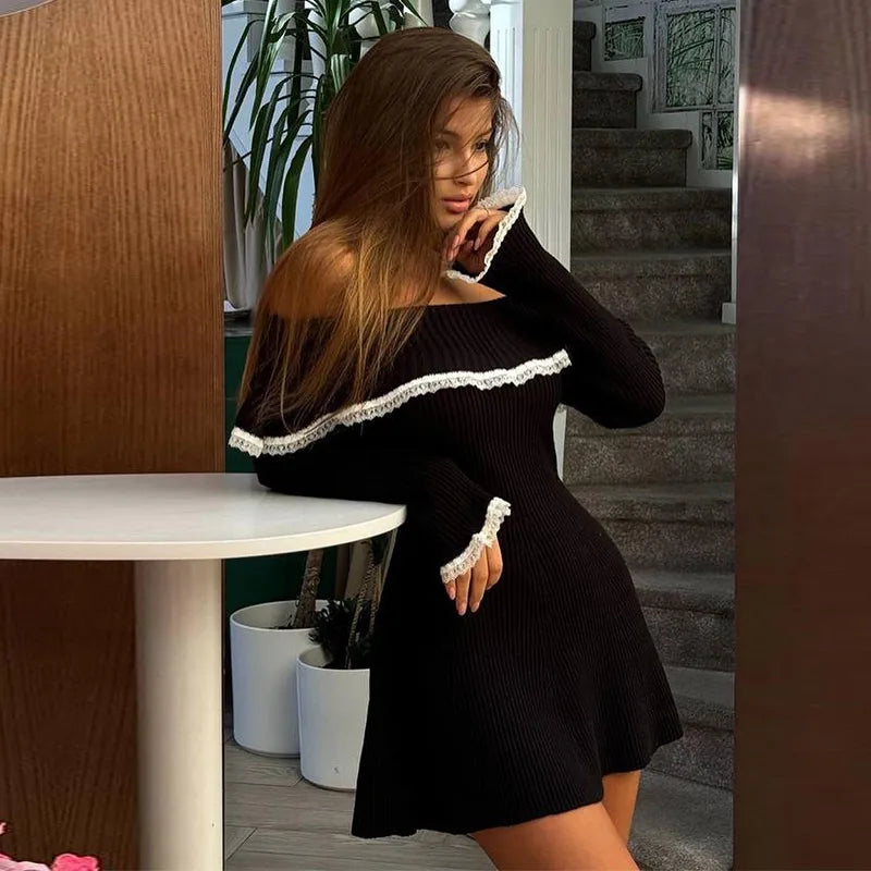 Aiertu  -  Women Off-Shoulder Lace Knitted Dress Long Sleeve Bodycon Sexy Mide Dresses Ribbed Elegant Casual Club Partywear 2026 Autumn New Aiertu