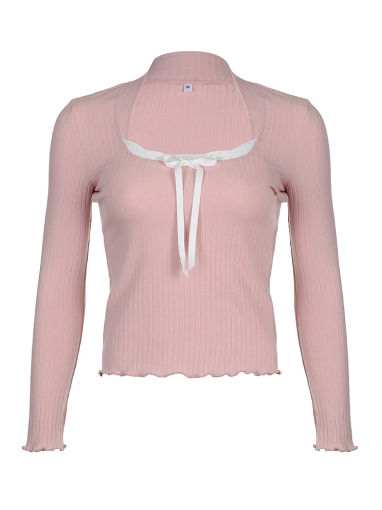 Aiertu - summer inspo Japanese Kawaii Sweet Pink Knitted Ribbed Tee Contrast Lace Tie Bow Square Collar Long Sleeve Basic Spring Autumn T Shirt Women Aiertu