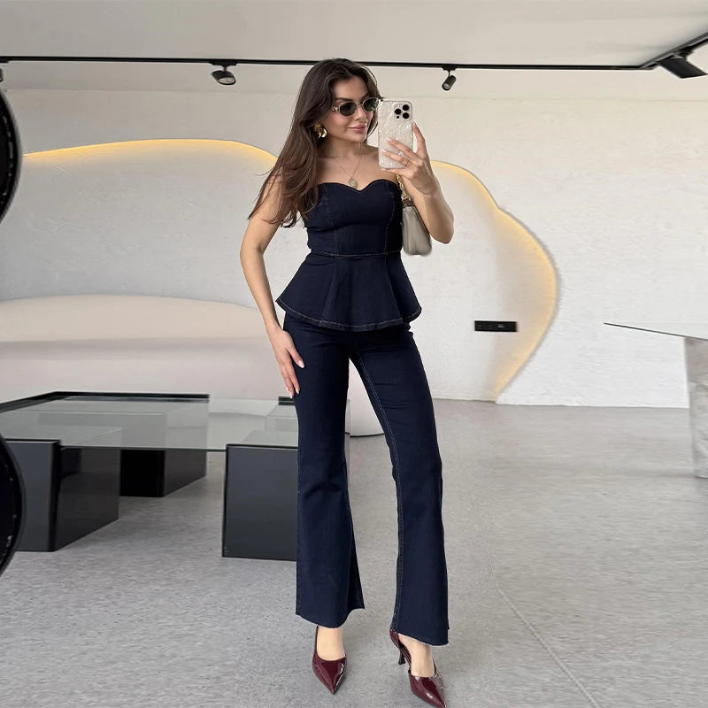 Aiertu  -  Fashion Denim Tank Jeans Set Women Strapless Sleeveless Ruffle Crop Tanks High Waist Flare Pants Female Sets 2025 Spring Summer Aiertu