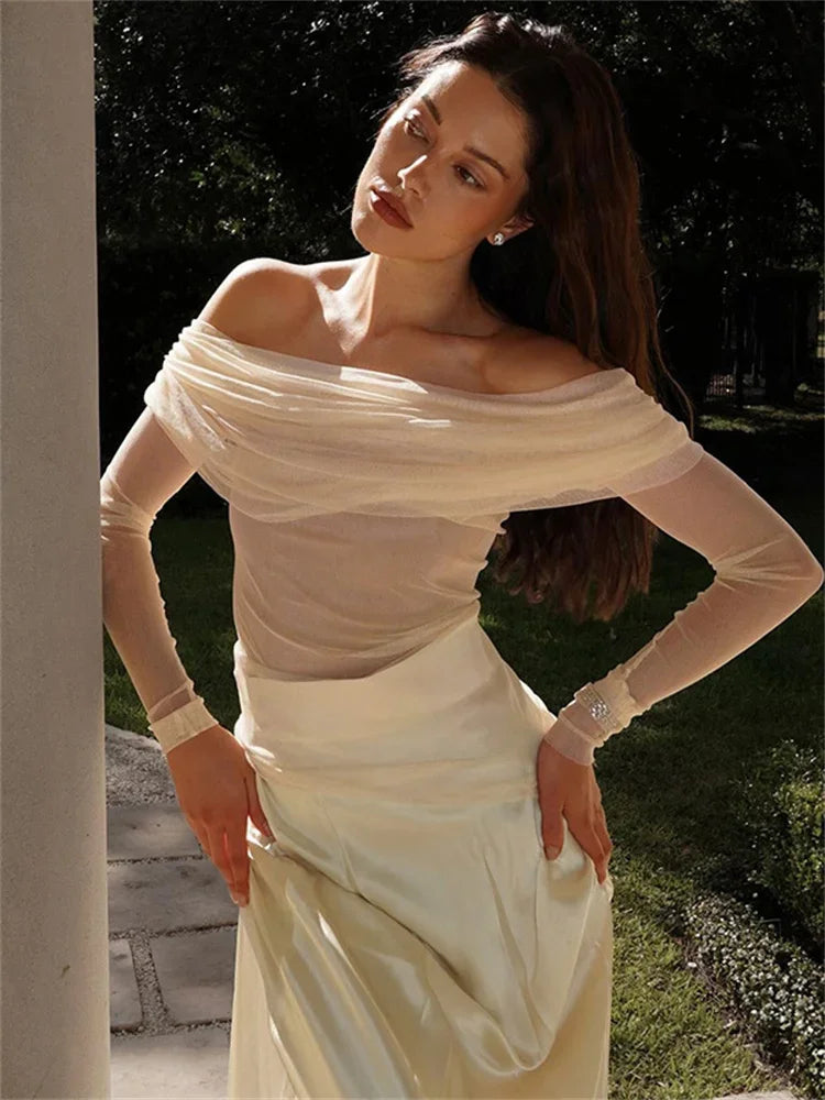 Aiertu  -   Mesh Sexy 2 Piece-Set Long Skirt For Women See-Through Long Sleeve Patchwork Slim Backless Outfits Women's Maxi Skirt Sets Aiertu