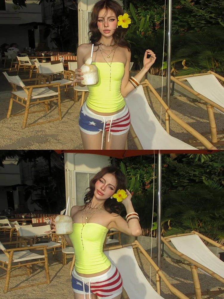 Aiertu  -  Summer Sweet 2-Piece Set Women Solid Backless Sleeveless Elegant Tops+ Pentagram Stripes Knit Shorts Matching Suits Aiertu