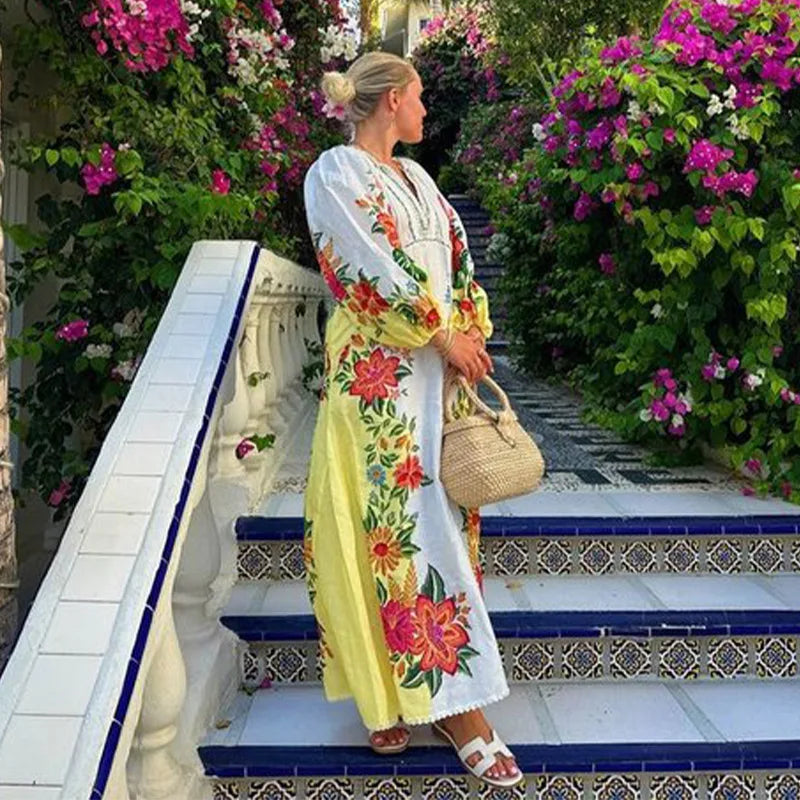 Aiertu  -  Print Linen Dress Women Elegant Loose Lace Up V Neck Vintage Vestidos Female Summer Long Sleeves Fashion High Waist Robe Aiertu