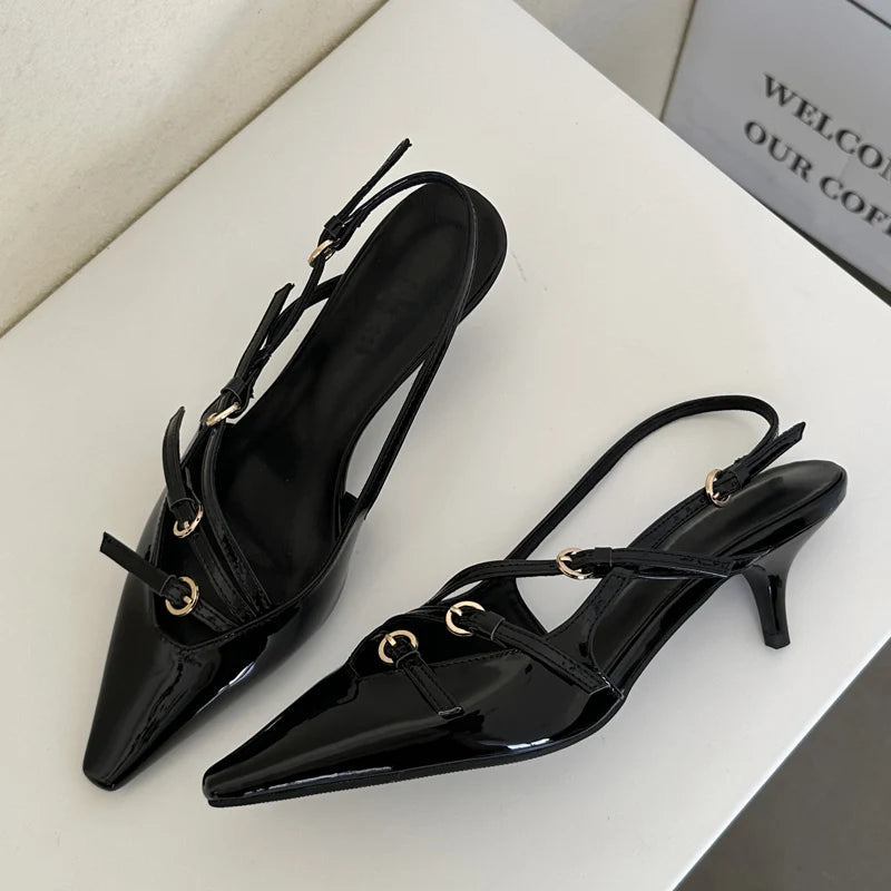 Aiertu  -  Sexy Slingbacks Narrow Band Buckle Strap Pumps Women Pointed Toe Thin Heels Wedding Party Mule Shoes Aiertu
