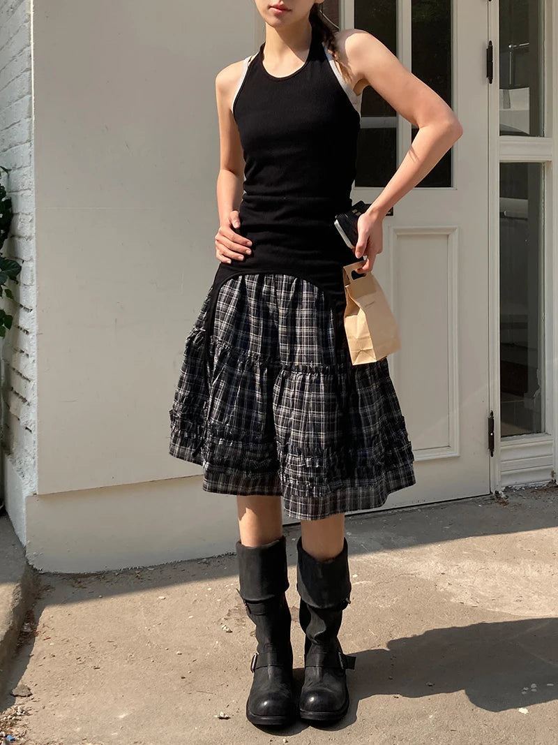 Aiertu  -  Vintage Plaid Mini Skirt Women Japanese Harajuku Ruffles Patchwork Black Skirts Summer High Waist Casual A Line Faldas New Aiertu