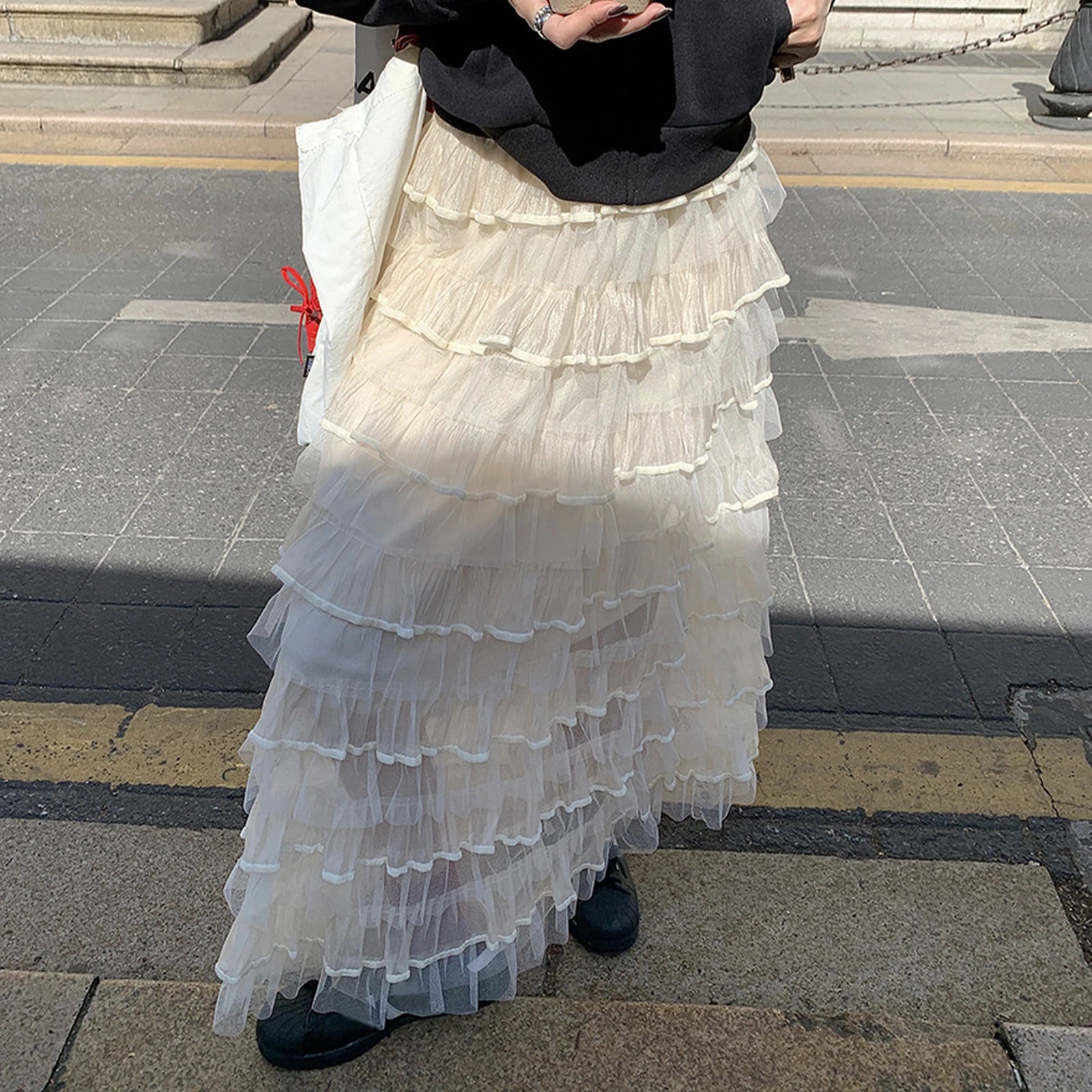 Aiertu  -  Summer 2026 Long Cake Skirt Women Solid Color High Rise Layered Ruffled A-line Tulle Skirt for Daily Office Aiertu