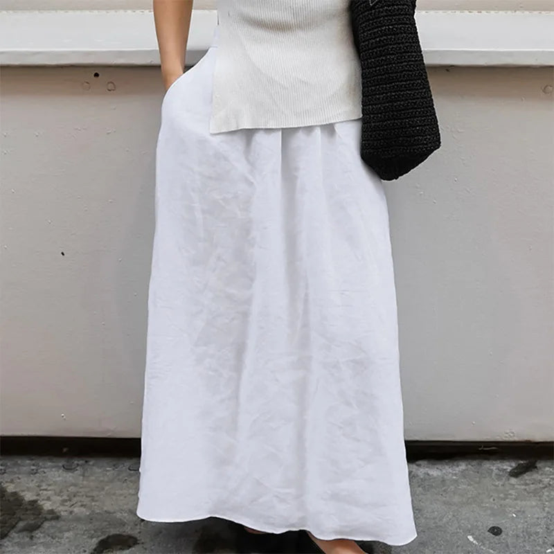 Aiertu  -  Solid Cotton Linen Elastic High Waist Maxi Skirt Elegant Ankle-length Pleated A-line Skirts Fashion Mid-calf Length Skirts Aiertu