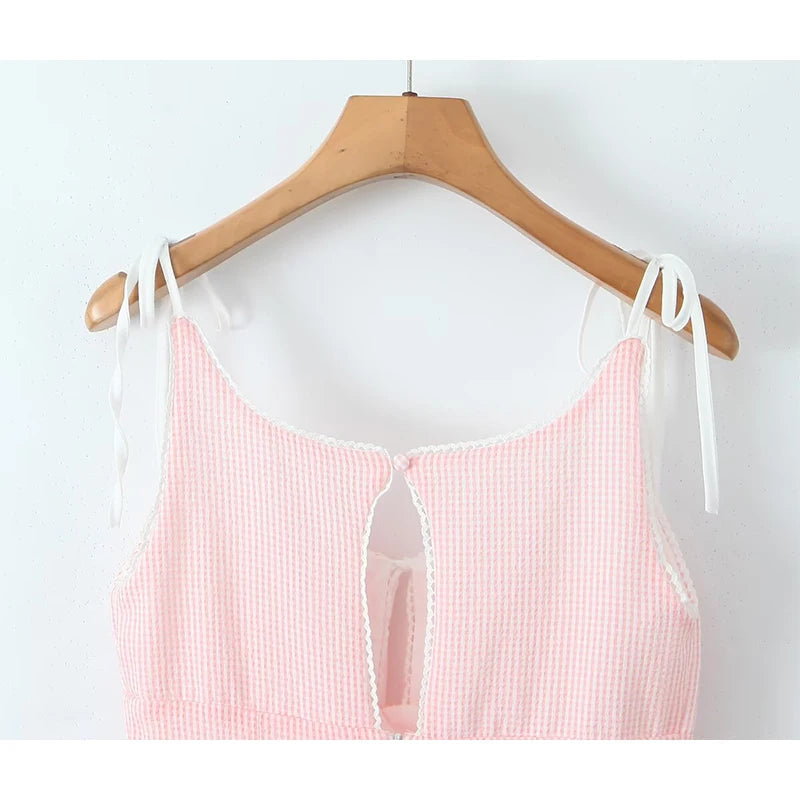 Aiertu  -  New Women Mesh Patchwork Pink Striped Sling Mini Dress Sexy Low Waist O Neck A-line Holiday Summer Dresses Sweet Robe Aiertu