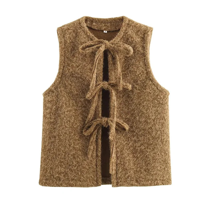 Aiertu  -  Bow Tied Vests Women Round Neck Short Casual Sleeveless Vest Jacket Woman Waistcoat Streetwear New Women Outerwear 2025 Spring Aiertu