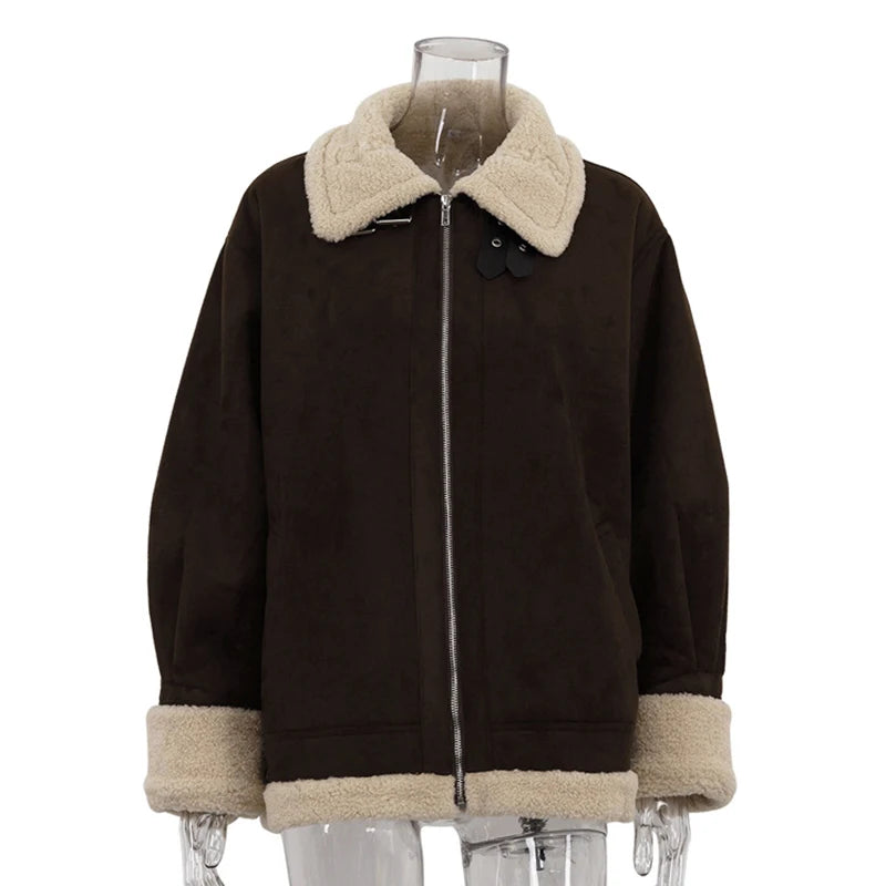 Aiertu  -  Vintage Plush Suede Zipper Jackets Women Casual Loose Lapel Brown Jacket Coats With Pockets Female Winter Warm Street Outwear Aiertu