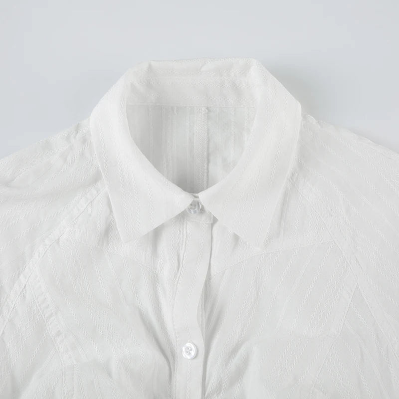Aiertu  -  Fashion Chic Folds Summer Blouse Women Texture Stripe Buttons-Up Cardigan Shirt Korean French Tops Short Sleeve Basic Aiertu