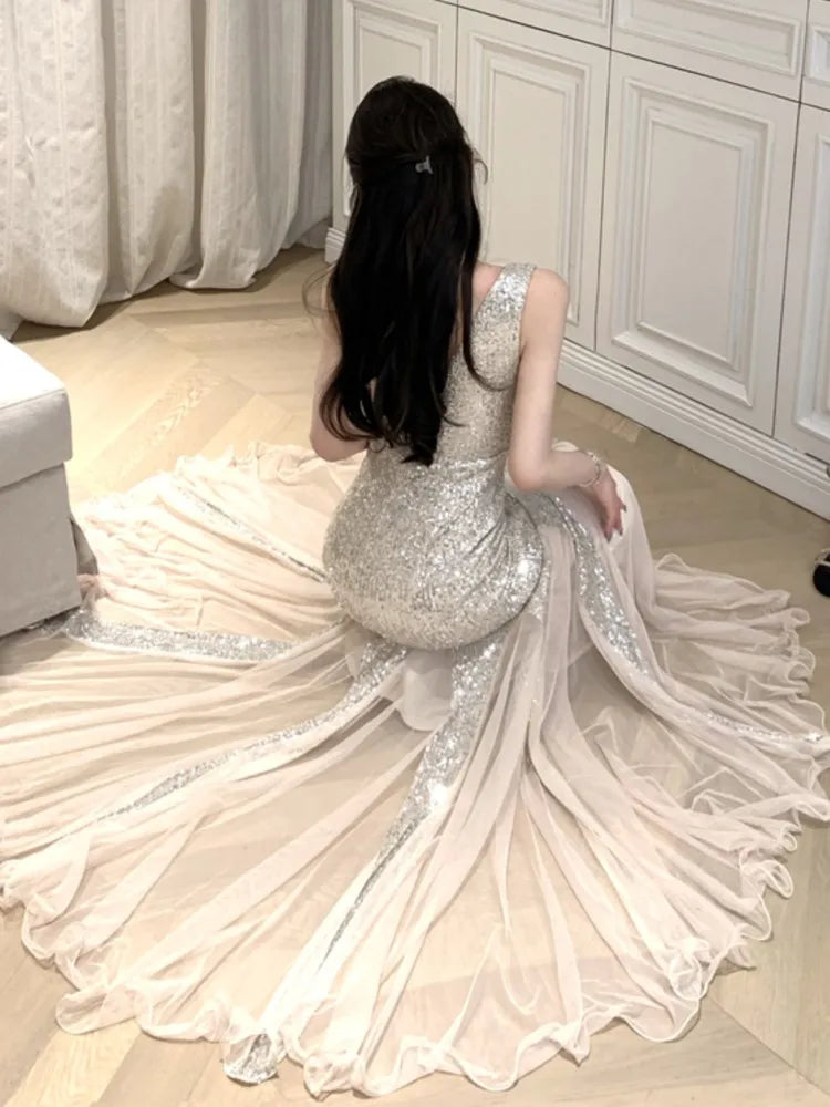 Aiertu  -  Sexy Sequins Mermaid Dress Women Elegant Sleeveless Mesh Patchwork Evening Party Dresses Summer Slim Waist Vestidos Long Robe Aiertu