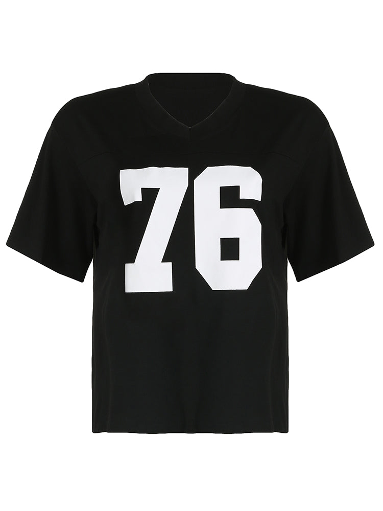 Aiertu - summer inspo Digital Print Casual Loose White T Shirts For Women V Neck Short Sleeve Preppy Streetwear Summer Top Tees Football Jersey Aiertu