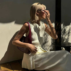 Aiertu  -  Summer Fashion Knitted Skirt Suit Sleeveless Vest Pocket Slit High Waist Long Skirt Elegant White Ribbed Knitwear Outfits Aiertu
