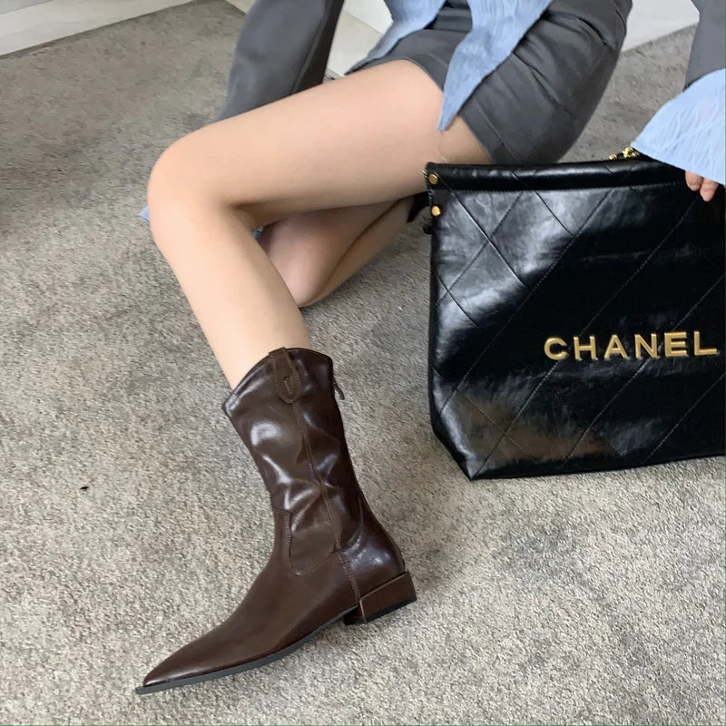 Aiertu    -  Black Pointed Toe Boots Woman Chunky Shoes Fall High Heels Brown Ankle Boots Back Zipper Ladies Shoes Aiertu