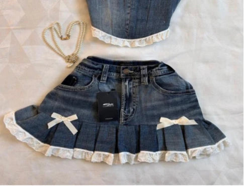 Aiertu  -  Korean Gothic Sexy Hottie Denim Skirt Suit for Women Harajuku Y2k Style High Street Retro Design Cute Mini Skirt Punk Slim Top Aiertu