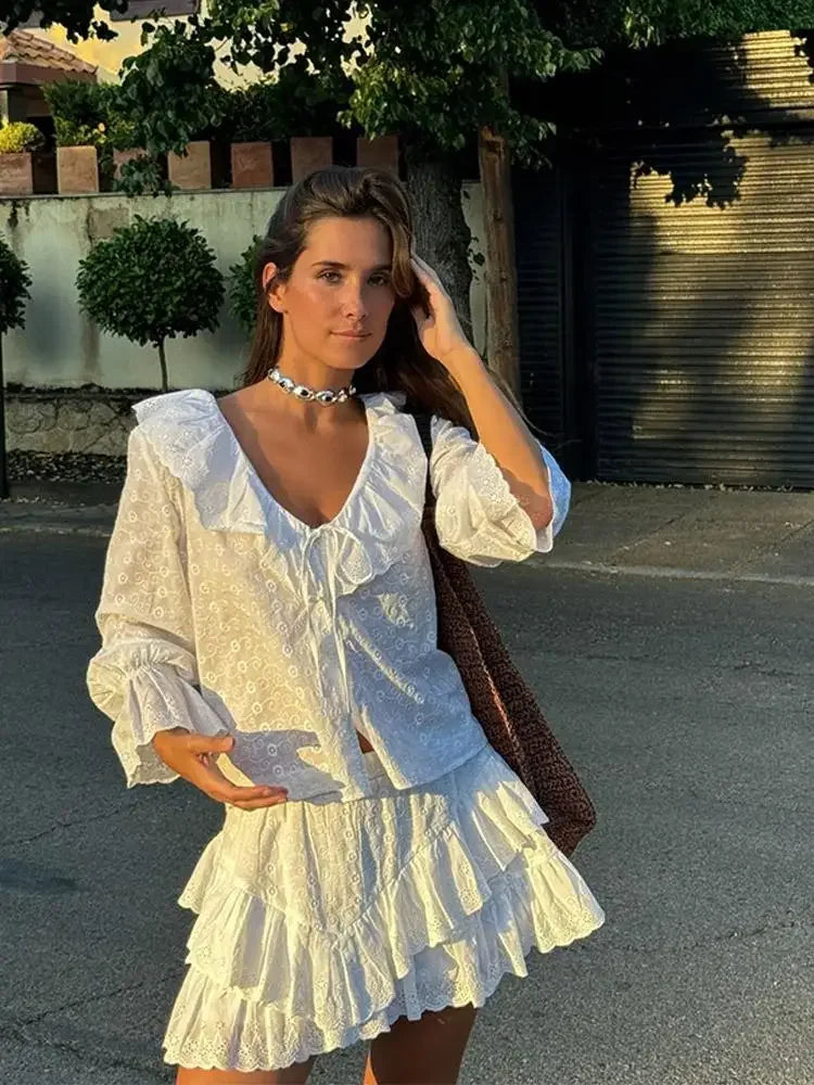 Aiertu  -  New Women White Embroidery Ruffles Pleated Short 2 Piece Sets Female V-neck Flare Full Sleeve Shirt Set Mini shorts Set 2025 Aiertu