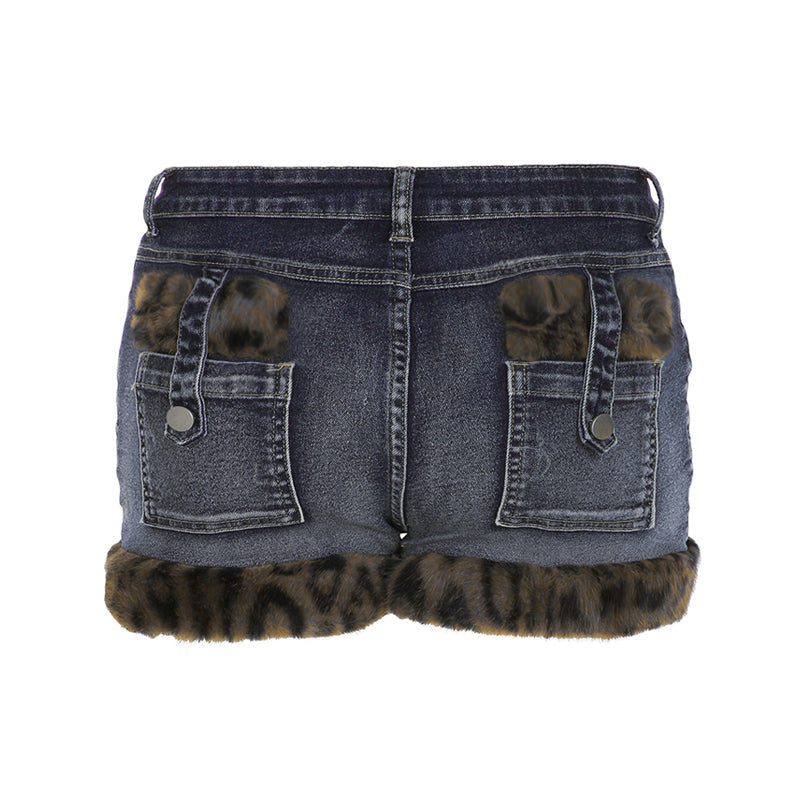 Aiertu - summer inspo Fashion Y2k Leopard Faux Fur Spliced Jean Shorts Women Chic Trendy Street Shorts Retro Exquisite Aiertu