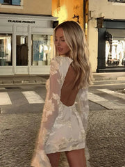 Aiertu  -  Elegant O Neck Flare Sleeves Flower Dress White Embroidery Backless Slim Fit Mini Dress 2026 New Lady Female Party Club Vestido Aiertu