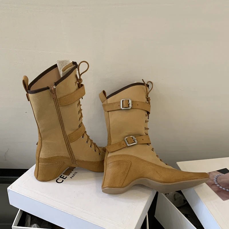 Aiertu    -  Yellow Cowboy Boots Women Lace Up Belt Buckle Block Heels Mid-calf Western Boots Autumn Vintage Designer Shoes Black Botas Mujer Aiertu