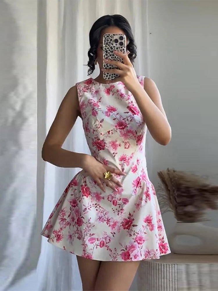 Aiertu  -  Sweet Printed Party Dress Women O-neck Sleeveless Pleated A-line Mini Dresses Female 2025 Spring Summer Fashion Print Lady Robe Aiertu